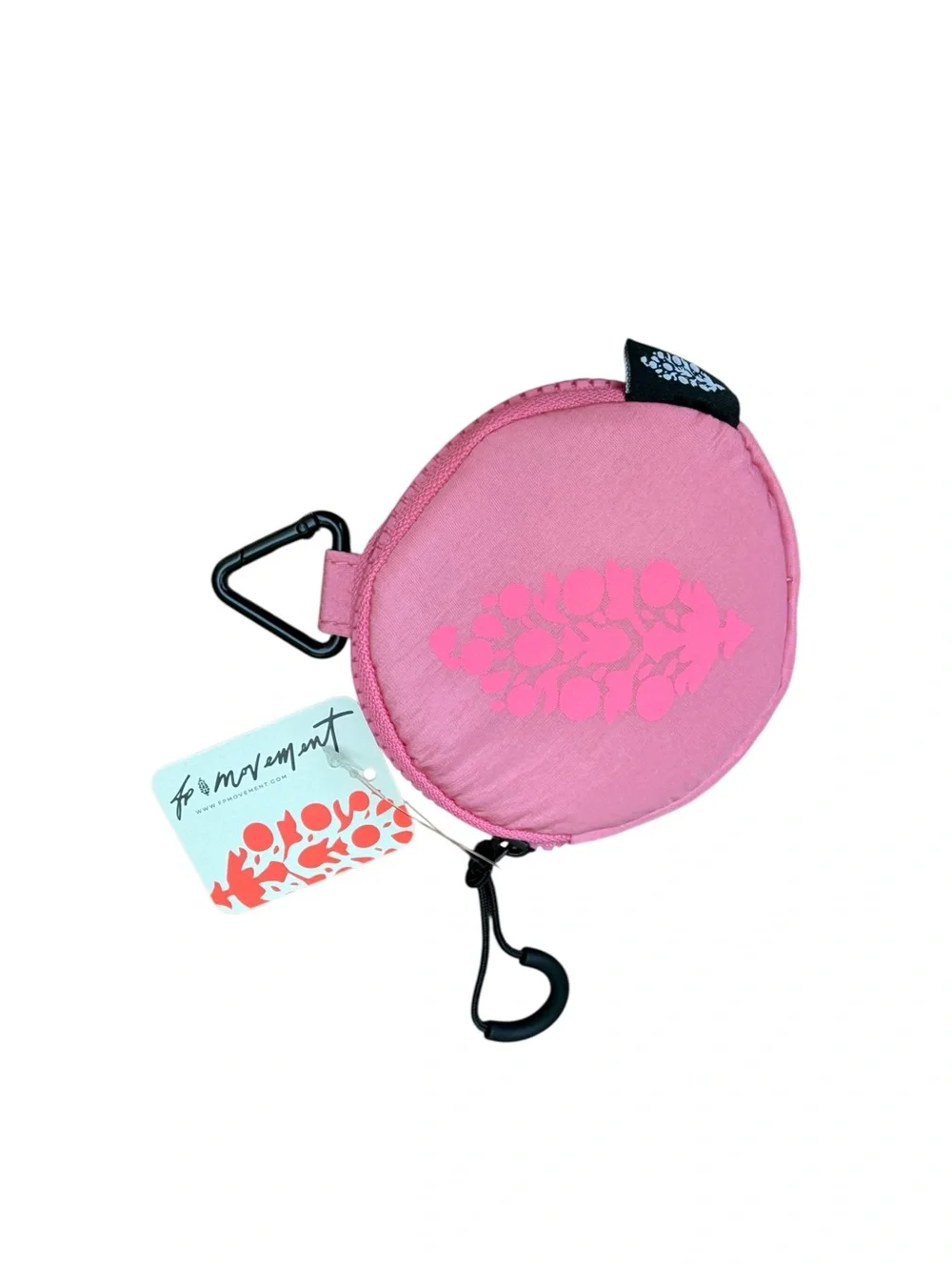 Free People Movement Round Pink Clip-On Coin Case with Floral Motif NWT 4”